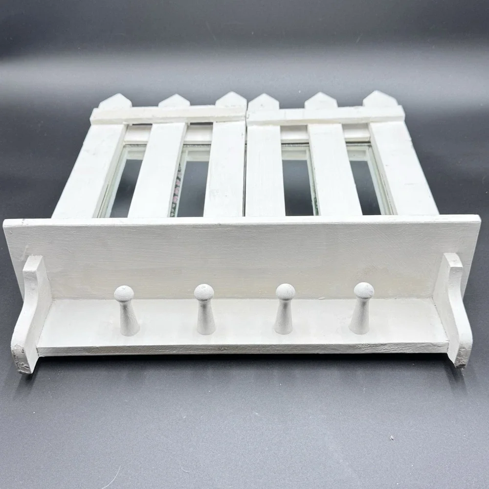 VTG Cottagecore Tri-Fold Mirror‎ Shelf W/pegs Decorative Wood Wall Hanging Shelf